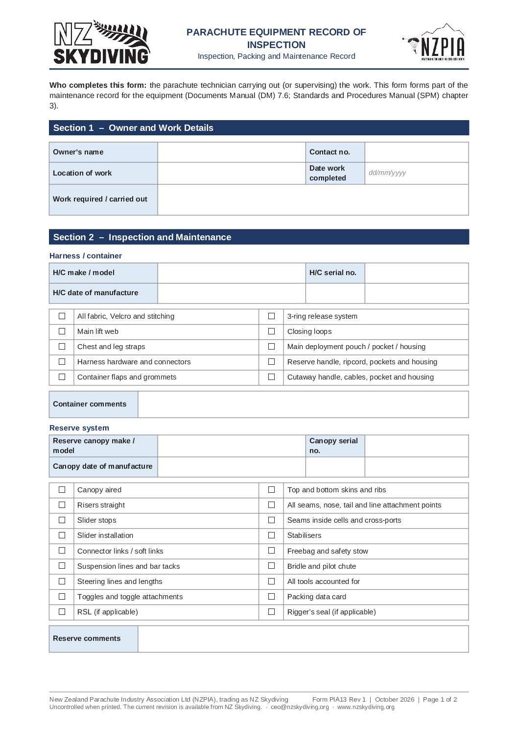 Equipment Inspection Checklist