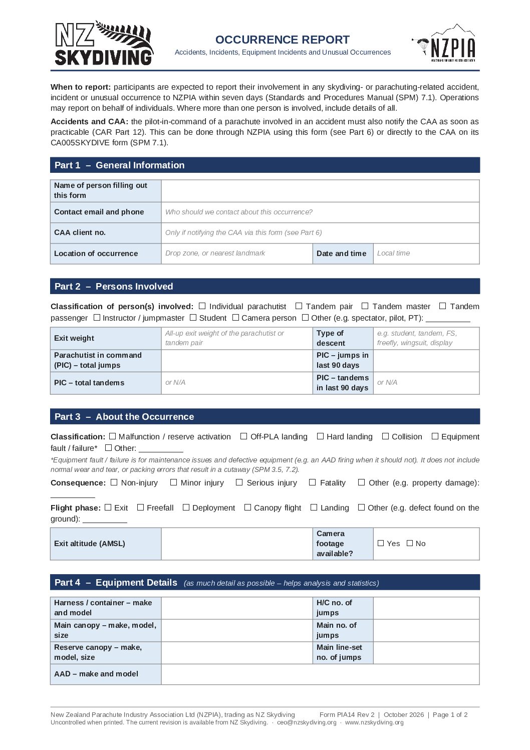 Occurrence Report Form
