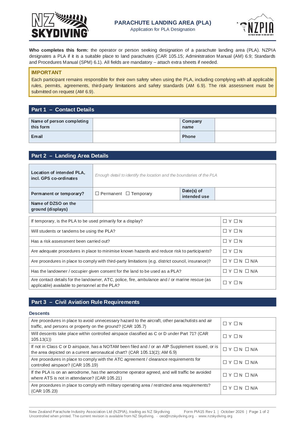 PLA Application Form
