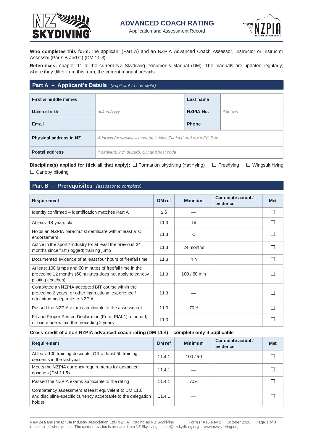 Advanced Coach Rating Application Form