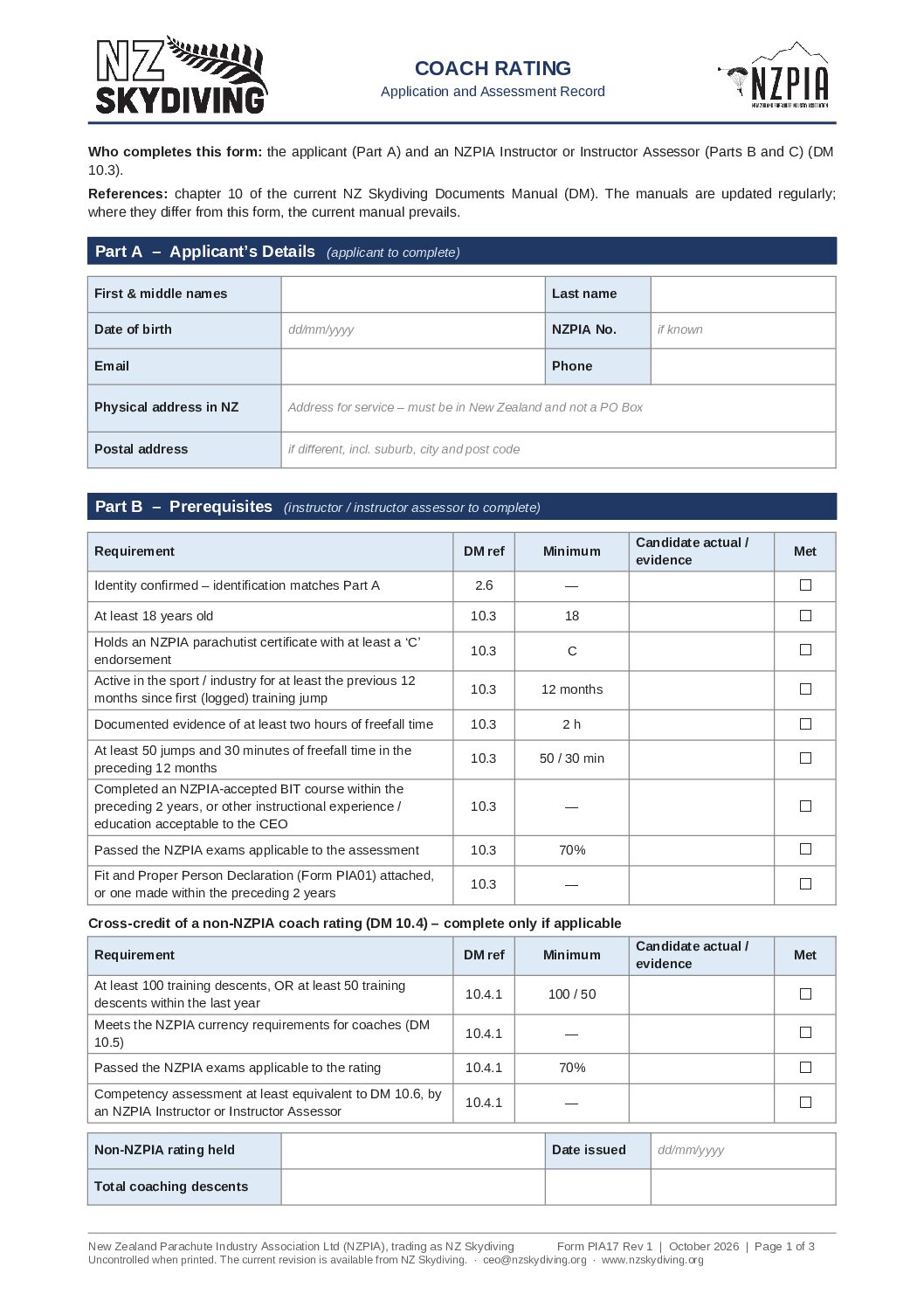 Coach Rating Application Form